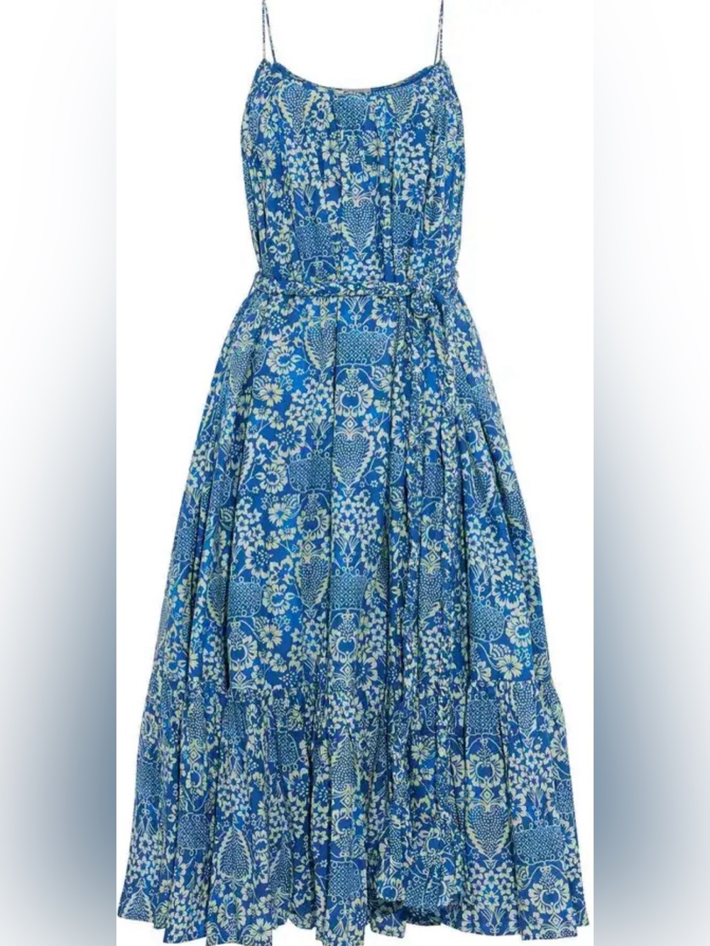RHODE Lea Belted Blue and Cream Floral Cotton-Poplin Midi Dress XS